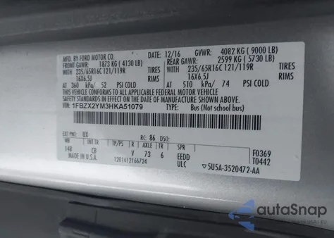 2017 Ford Transit-350 Xlt z USA, uszkodzony, nr VIN 1FBZX2YM3HKA51079